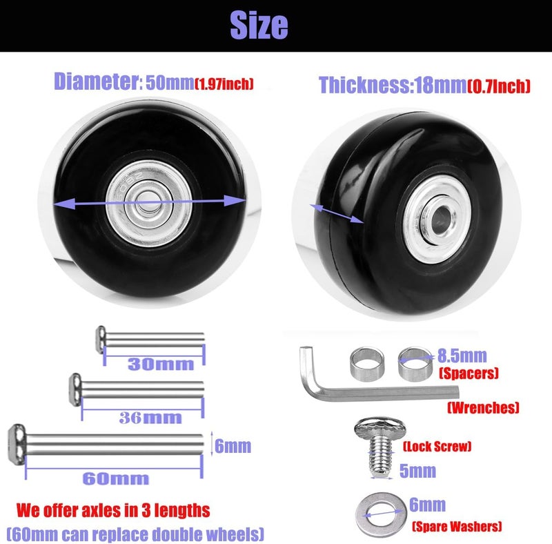 TOPGO 50mm x 18mm Luggage Suitcase Replacement Wheels, Rubber Swivel Caster Bearings Repair Kit - Set of 4 with 608ZZ Inline Skate Replacement Wheels & 3 Axles - Image 2